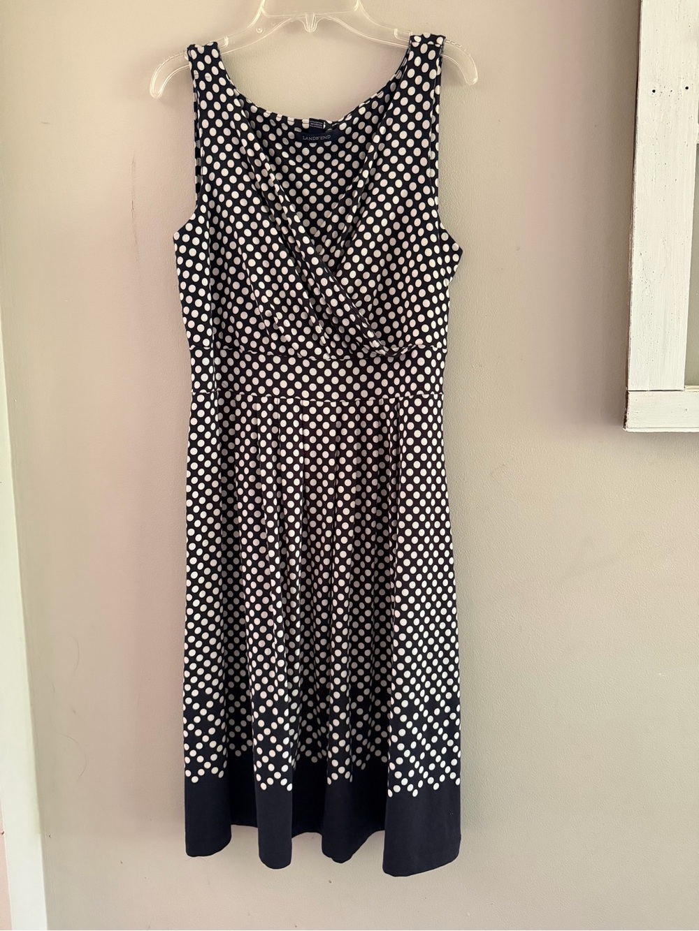 Lands' End Navy and White Polka Dot Sleeveless Midi Dress